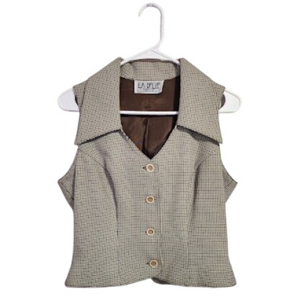 LA BELLE 90s Houndstooth Collared Vest Brown Pointed Wide Collar Crop Top